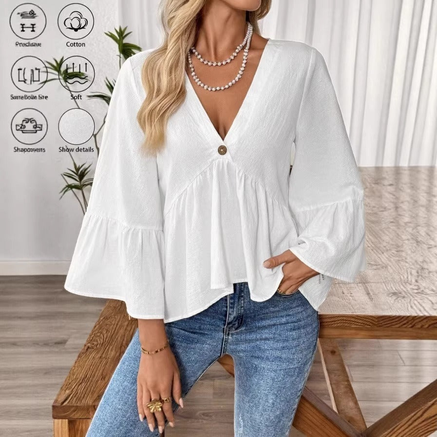 Damen nan elegante Empire-Bluse mit V-Ausschnitt, geraffter Brustnaht und Glockenärmeln Shop Nory