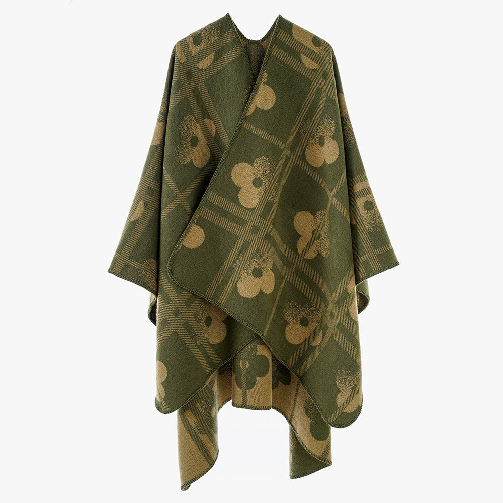 Damen Grobgewebter Deckenponcho im Ruana‑Schnitt mit floraler Karo‑Jacquard Shop Nory