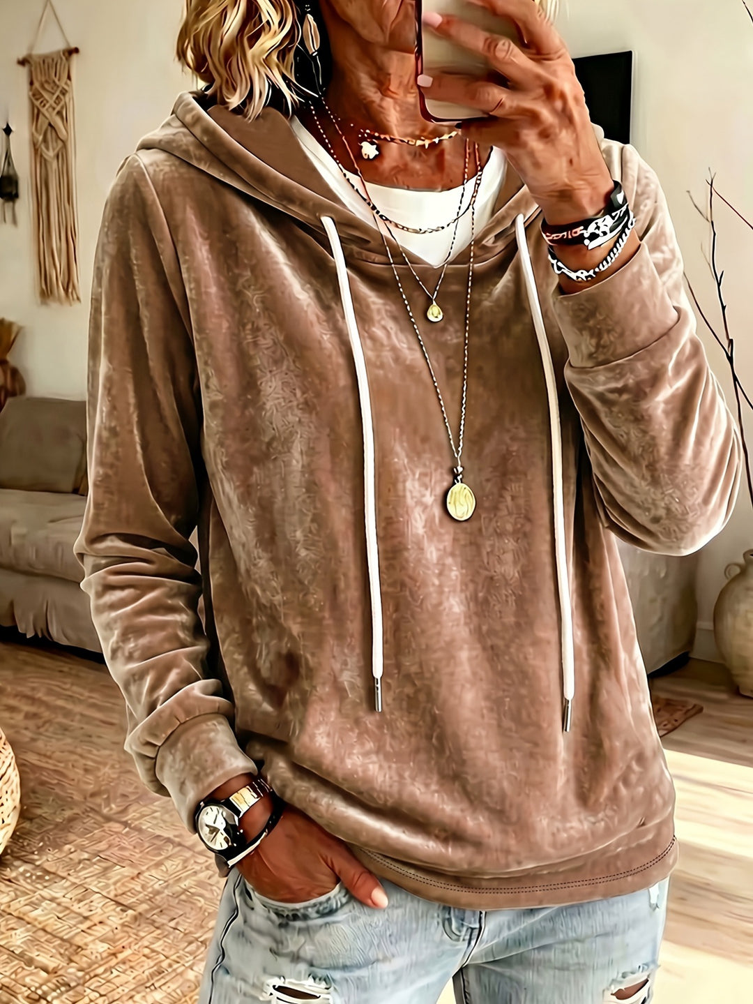 Damen Samt-Kapuzenpullover mit Relaxed-Fit und Kordelzug Shop Nory