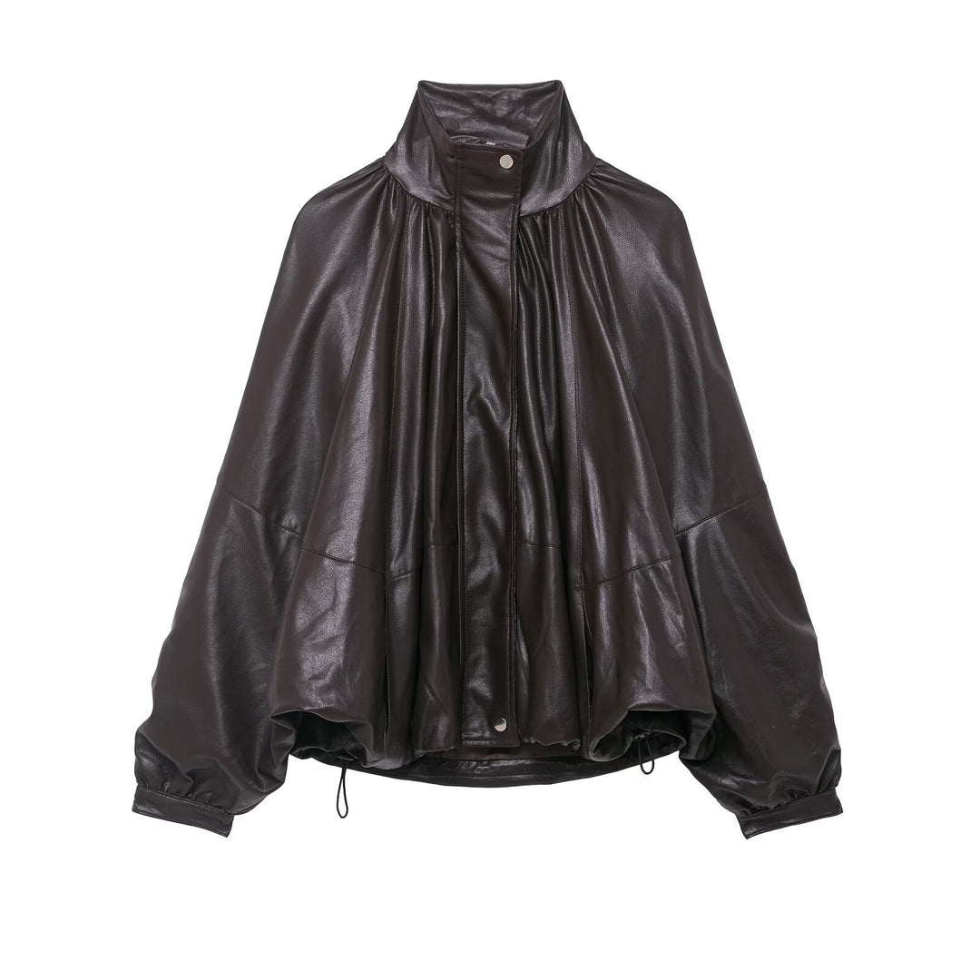 Damen Voluminöse Kunstleder-Capejacke mit hohem Stehkragen und Kordelzug Shop Nory