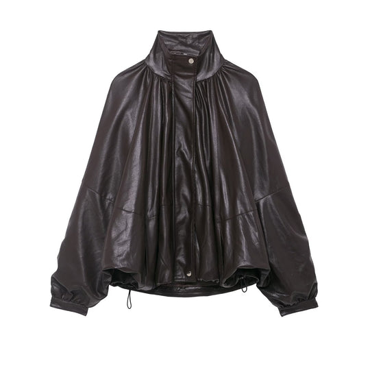 Damen Voluminöse Kunstleder-Capejacke mit hohem Stehkragen und Kordelzug Shop Nory