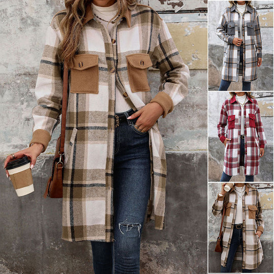 Damen Lange Überwurfjacke im karierten Flanell‑Look mit aufgesetzten Pattentaschen Shop Nory
