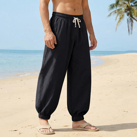 Herren Weite Leinenoptik-Strandhose mit Kordelzug, elastischem Bund und gerafften Beinabschlüssen Shop Nory