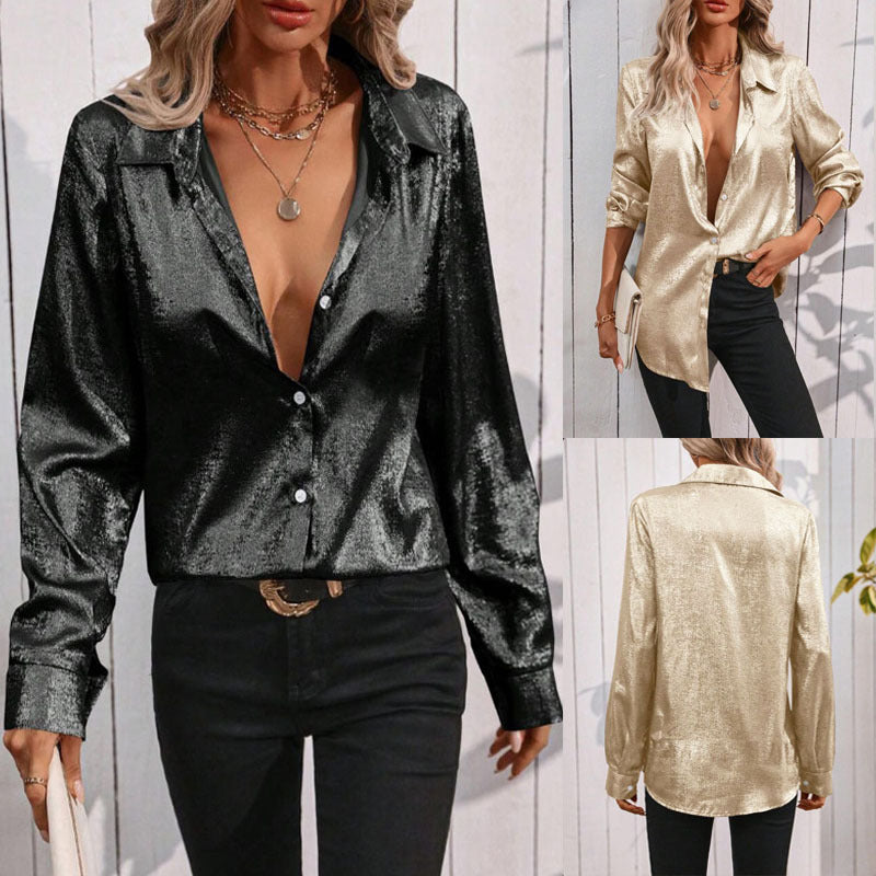 Damen elegante Bluse aus schimmerndem Stoff mit klassischem Kragen