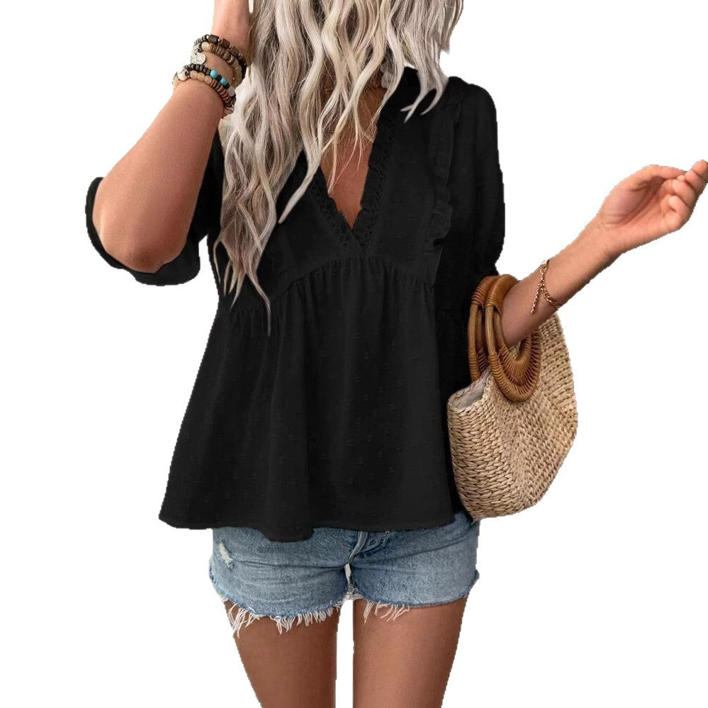 Damen elegantes Blusenshirt mit Rüschendetails und V-Ausschnitt