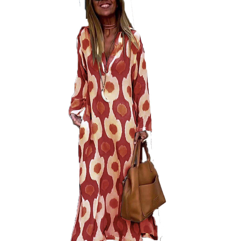 Damen Langes Boho-Maxikleid mit V-Ausschnitt, lockerem Schnitt und auffälligem Allover-Print Shop Nory