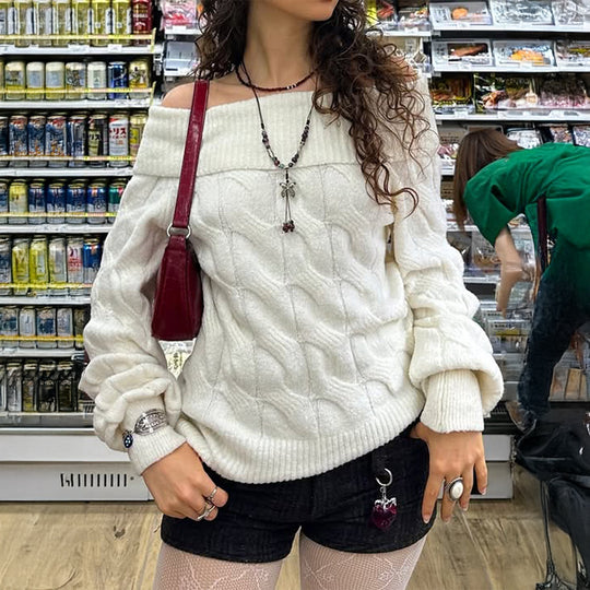 Damen nan schulterfreier Grobstrickpullover mit Zopfmuster, weitem Armaufschlag und elastischem Rippenbund Shop Nory