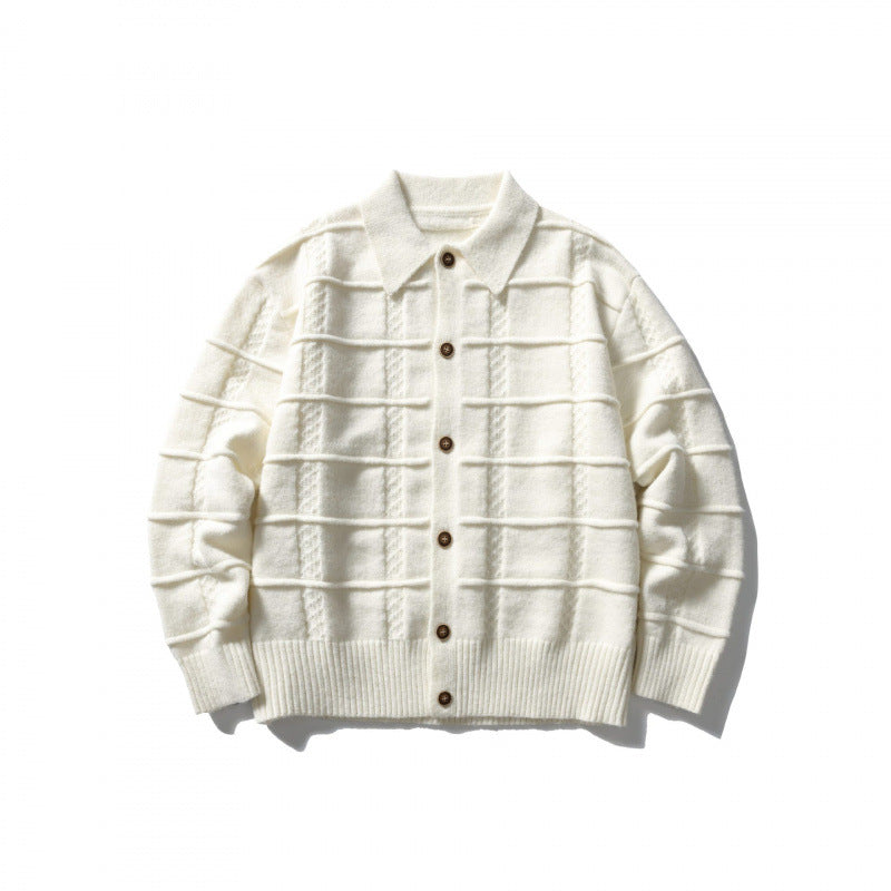 Unisex Kastenförmige Strickjacke mit Hemdkragen und strukturierter Karoprägung Shop Nory