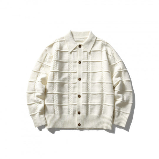 Unisex Kastenförmige Strickjacke mit Hemdkragen und strukturierter Karoprägung Shop Nory