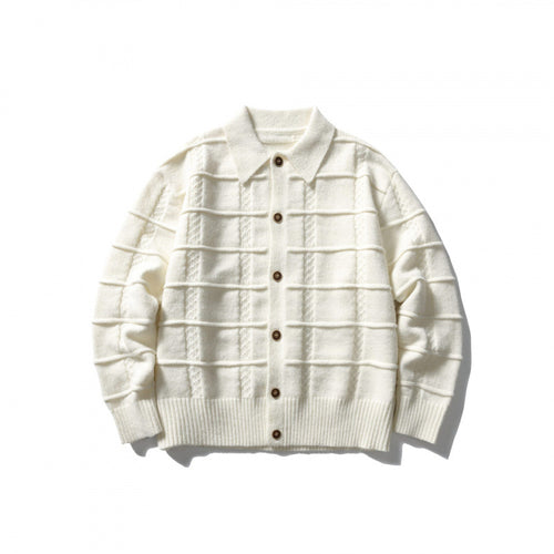 Unisex Kastenförmige Strickjacke mit Hemdkragen und strukturierter Karoprägung Shop Nory