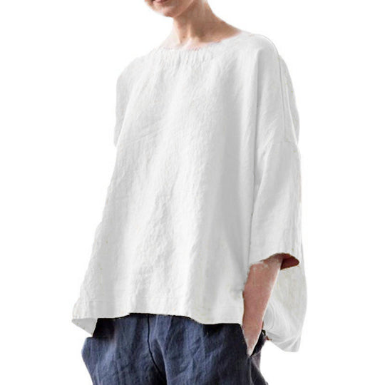 Damen Oversized Leinenbluse mit weitem Boxy‑Schnitt, U‑Boot‑Ausschnitt und 3/4‑Ärmeln Shop Nory