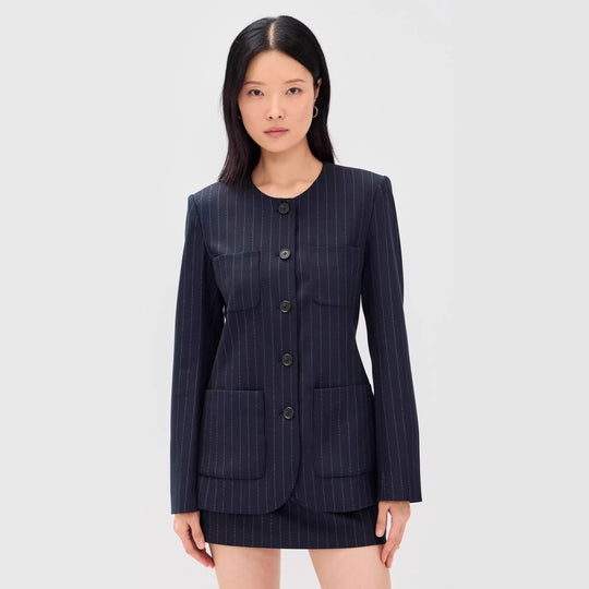 Damen Zweiteiliges Nadelstreifen-Tailoring-Set mit kragenlosem Blazer und hochgeschnittenem Minirock Shop Nory