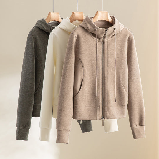 Damen Kurze Kapuzen-Sweatjacke mit Zwei-Wege-Reißverschluss und Kängurutaschen Shop Nory