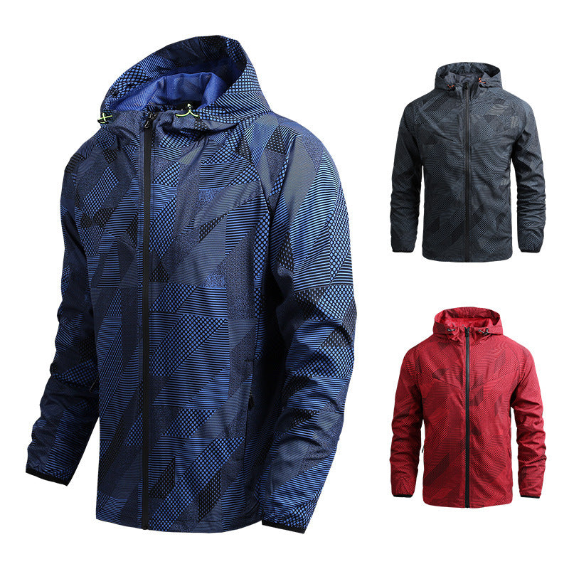 Herren atmungsaktive Softshell-Kapuzenjacke mit geometrischem Allover-Print und sportlicher Passform Shop Nory