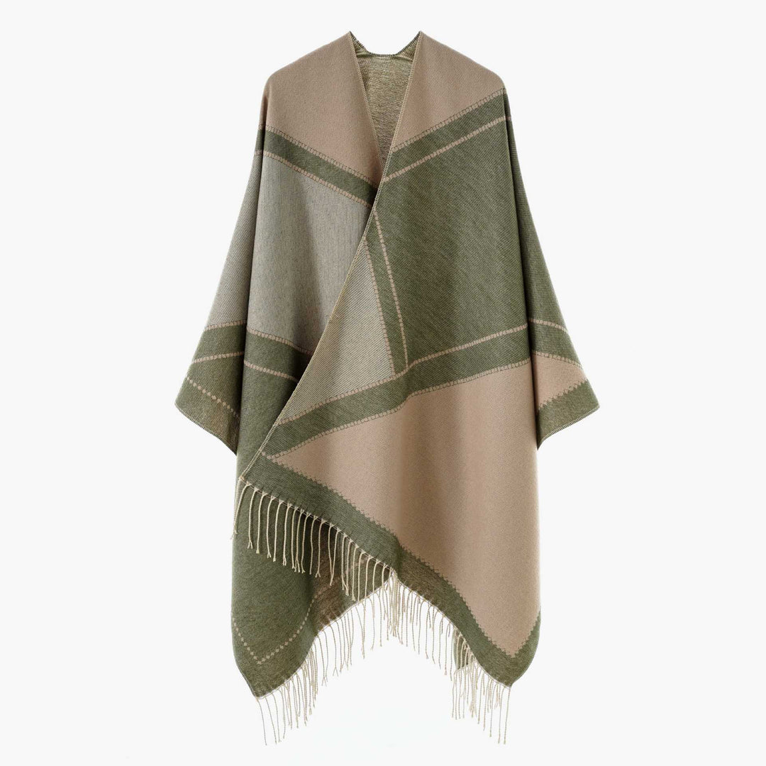 Damen Wendbarer Strickcape-Poncho mit Fransen und kontrastierenden Streifen Shop Nory