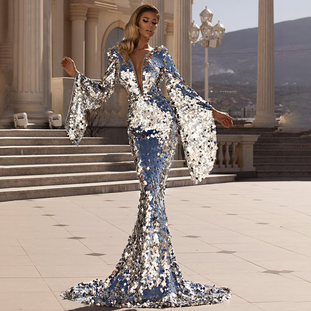 Damen Glamouröses Pailletten Abendkleid mit tiefem V-Ausschnitt und langen Ärmeln