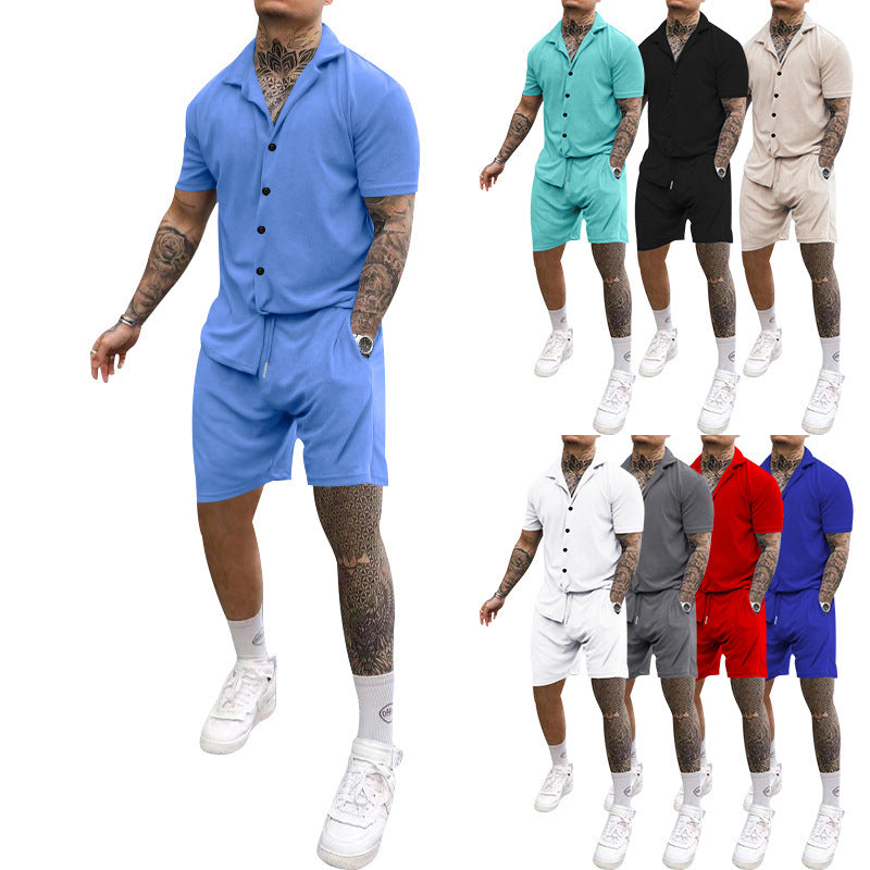Herren Freizeit-Kurzarm-Set mit Knopfleiste und verstellbarem Kordelzug Shopnory
