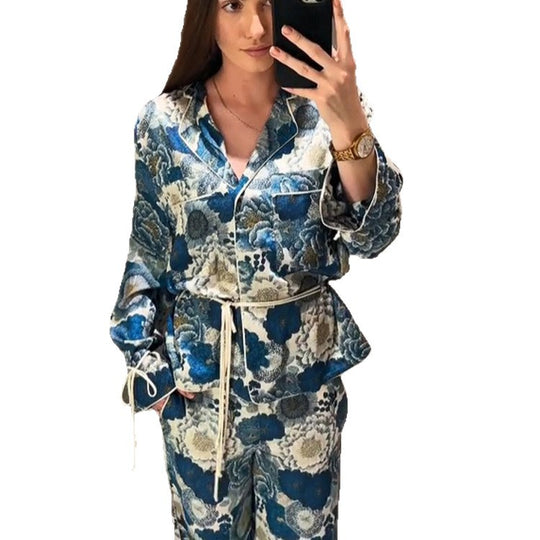 Damen Zweiteiliges florales Jacquard-Loungewear-Set mit Taillengürtel, Paspelierung und Bindärmeln Shop Nory
