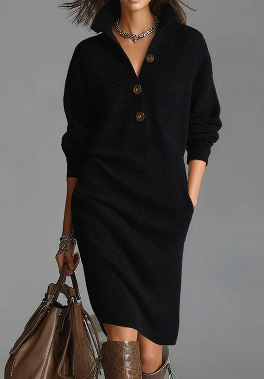Damen nan gestricktes Pulloverkleid mit Polokragen, Eingrifftaschen und lässiger Passform Shop Nory