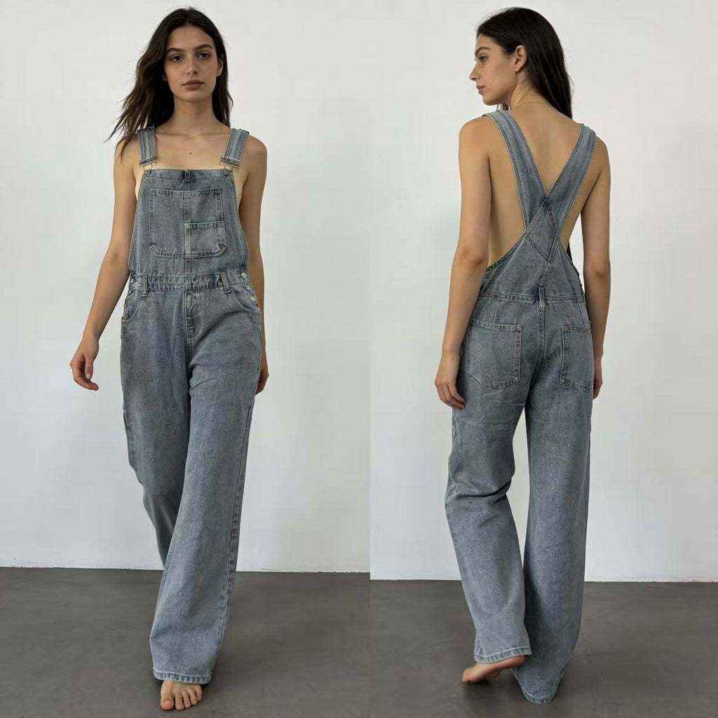 Damen Jeans Latzhose mit weitem Bein und tiefem Rückenausschnitt