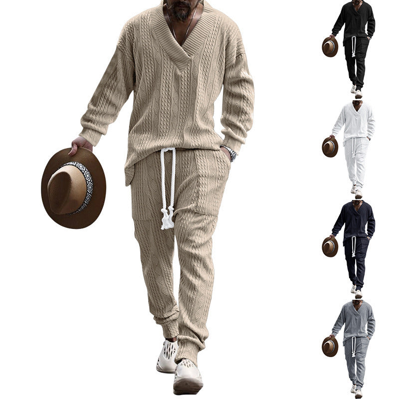 Herren nan grobes Strick-Loungewear-Set mit tiefem V‑Ausschnitt, Kordelzughose und Rippbündchen Shop Nory