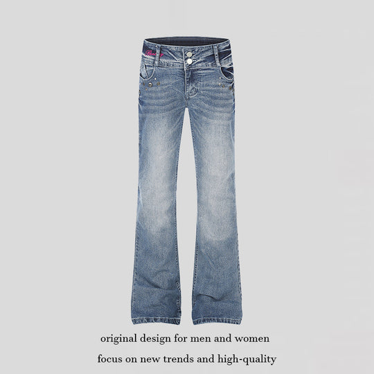 Damen High‑Waist Flared-Jeans mit weitem Bein, Doppelknopf und Nieten-Detail Shop Nory