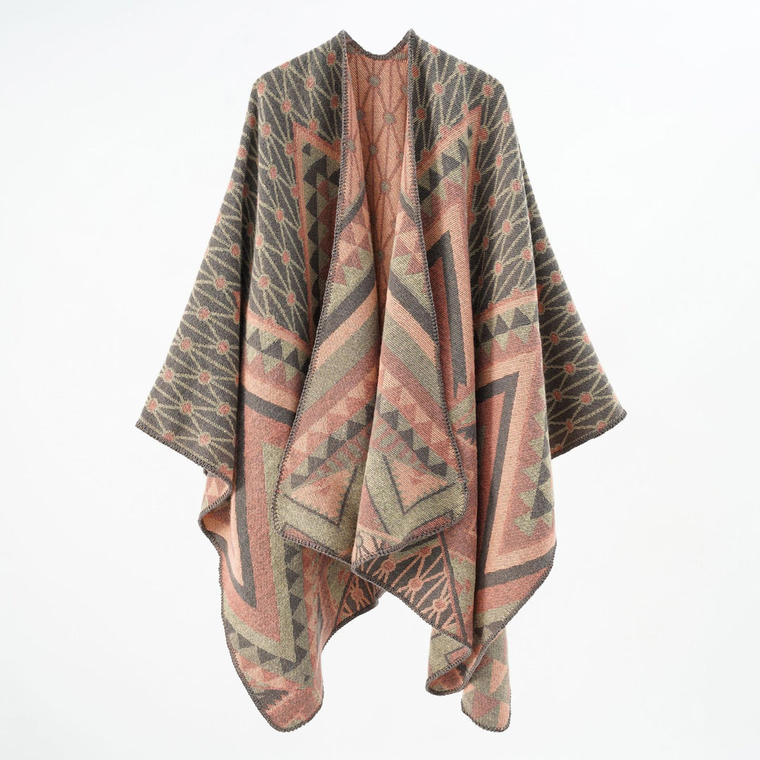 Damen Strukturiertes Jacquard-Poncho-Überwurf mit grafischem Ethno-Muster und offenem Kimono-Fall Shop Nory