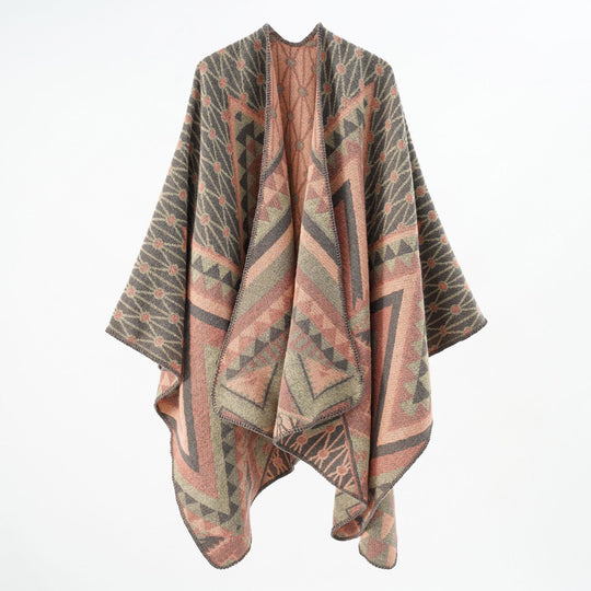 Damen Strukturiertes Jacquard-Poncho-Überwurf mit grafischem Ethno-Muster und offenem Kimono-Fall Shop Nory