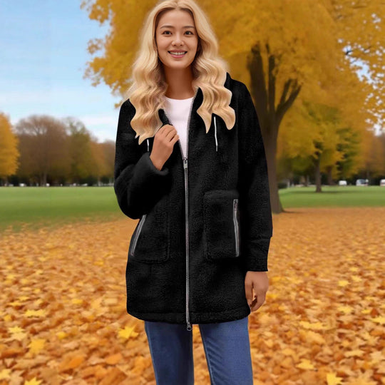 Damen Teddy-Fleece-Mantel mit Kapuze, durchgehendem Reißverschluss und aufgesetzten Taschen Shop Nory