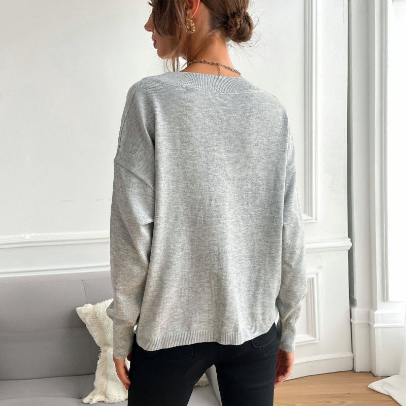 Damen Feiner V‑Ausschnitt Strickpullover mit Stern‑Intarsien und überschnittener Schulter Shop Nory