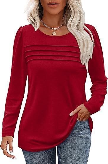 Damen Feines Langarmshirt mit Rundhalsausschnitt, dekorativen Kellerfalten und leicht taillierter A‑Linie Shop Nory