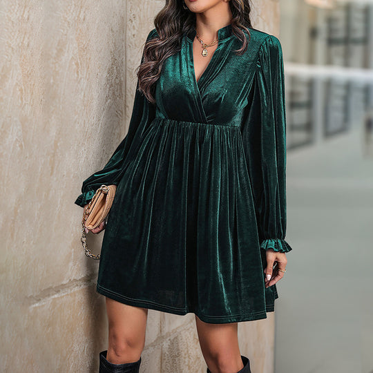 Damen Samt-Minikleid mit Wickeloberteil, Empire-Taille und Rüschenmanschetten Shop Nory