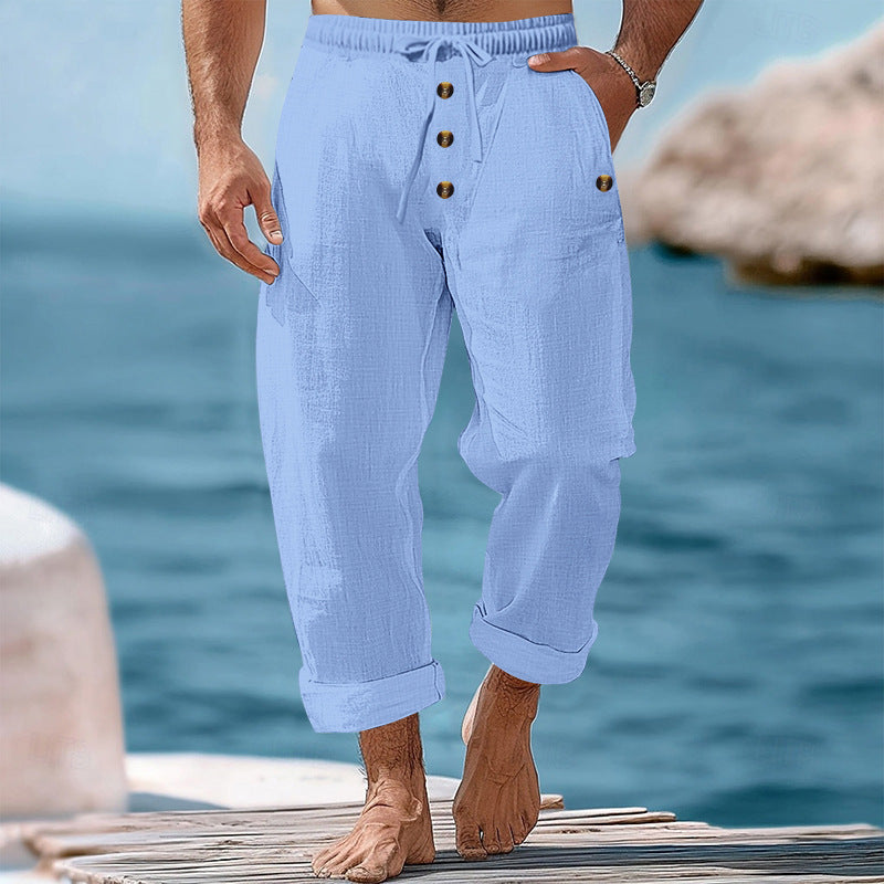 Herren nan lockere Leinen-Baumwoll-Hose mit elastischem Bund, Kordelzug und aufgekrempeltem Saum