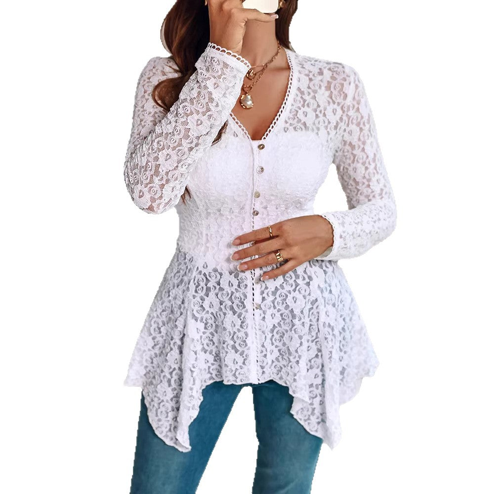 Damen Spitzenbluse mit tailliertem Schnitt, Knopfleiste und asymmetrischem Schößchen Shop Nory