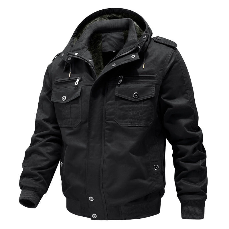 Herren Wasserabweisender Canvas-Bomber mit wärmender Sherpa-Innenlage, Kapuze und Utility-Taschen Shop Nory