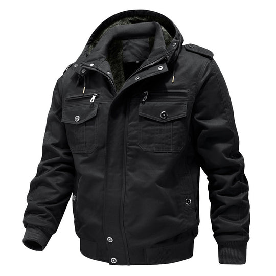 Herren Wasserabweisender Canvas-Bomber mit wärmender Sherpa-Innenlage, Kapuze und Utility-Taschen Shop Nory