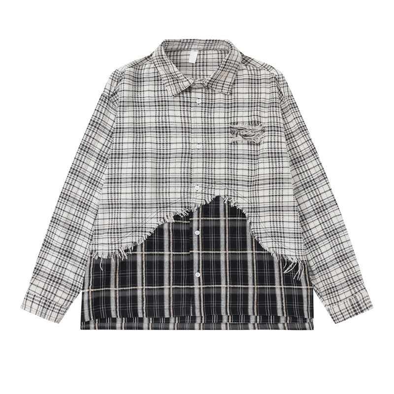 Unisex Oversize-Hemdjacke mit Lagenlook, ausgefranstem Saum und Karomix Shop Nory