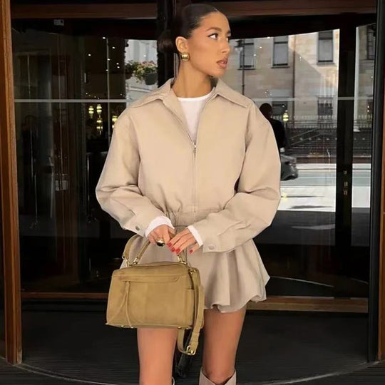 Damen Kurze Blousonjacke aus veganem Leder mit Reißverschluss und elastischem Saum Shop Nory