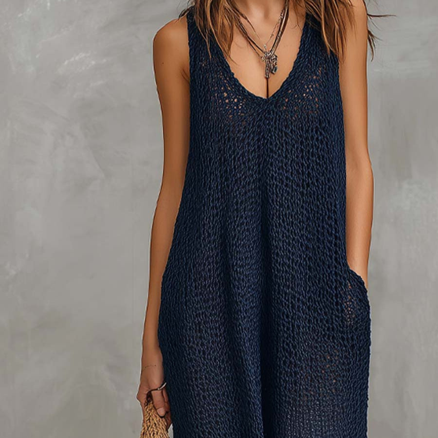 Damen Luftiges Sommerkleid mit seitlichen Taschen und tiefem Ausschnitt Shopnory