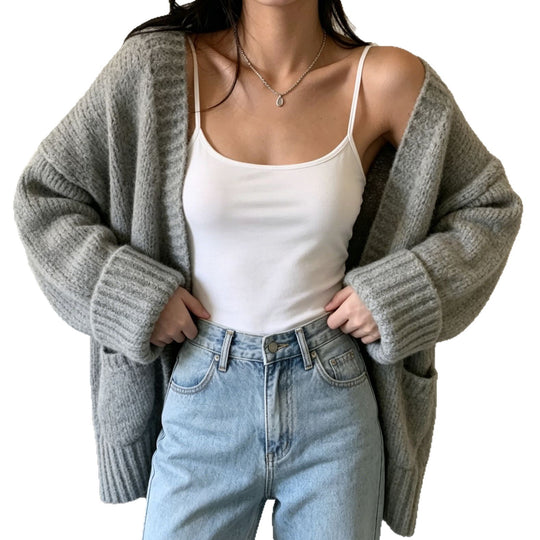 Damen Langer Offener Grobstrick-Cardigan mit aufgesetzten Taschen und gerippten Bündchen Shop Nory