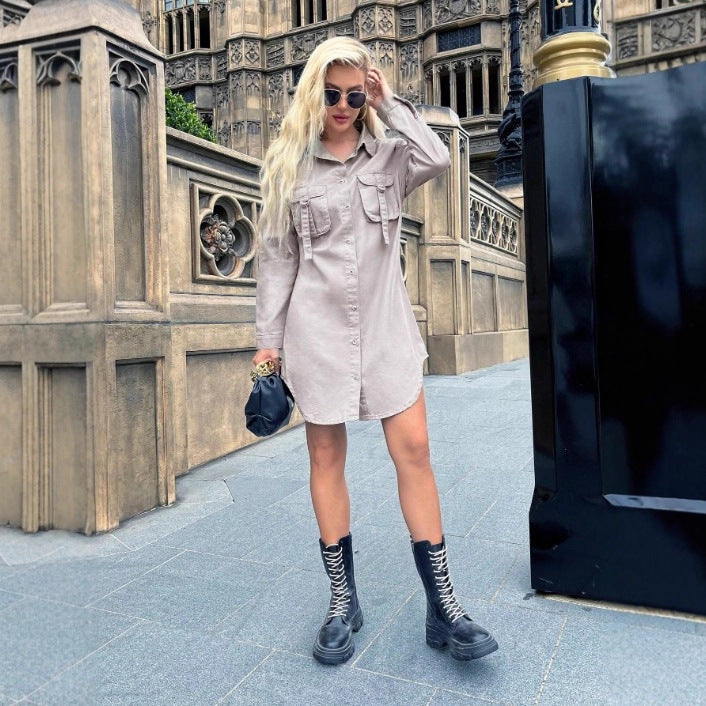 Damen Oversized-Hemdblusenkleid mit aufgesetzten Pattentaschen und geschwungenem Saum Shop Nory