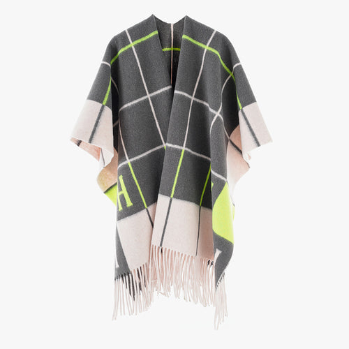 Damen Oversize-Überwurf aus Wollmix mit Monogramm-Karomuster und Fransensaum Shop Nory