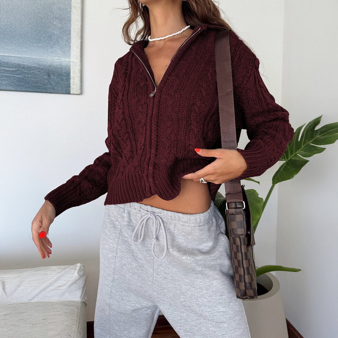 Damen nan verkürzte Zopfmuster Strickjacke mit durchgehendem Reißverschluss und Stehkragen Shop Nory