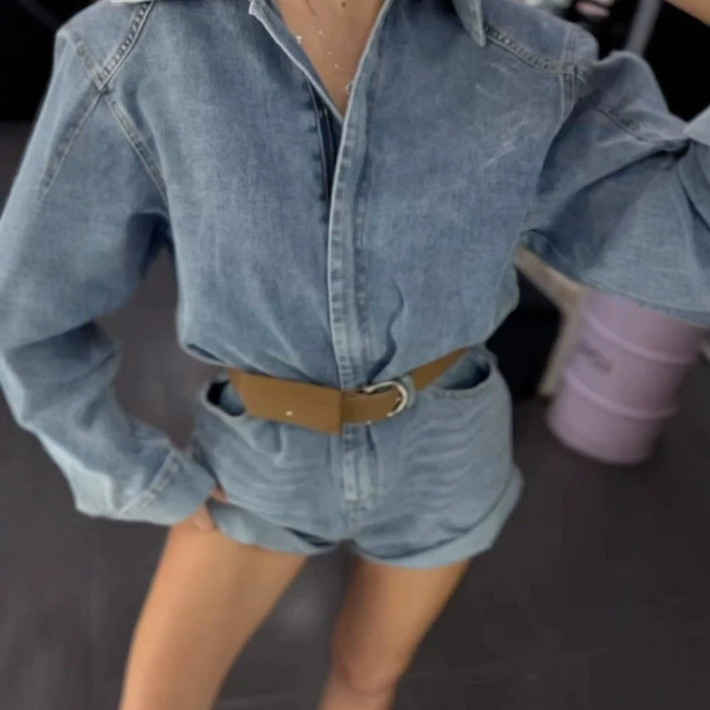 Damen Denim-Shorts-Overall mit kastigem Hemdoberteil und Taillengürtel Shop Nory