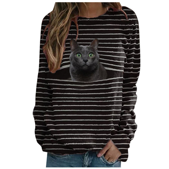 Damen nan lässiger Streifenpullover mit fotorealistischer Katzentasche und Rundhalsausschnitt Shop Nory
