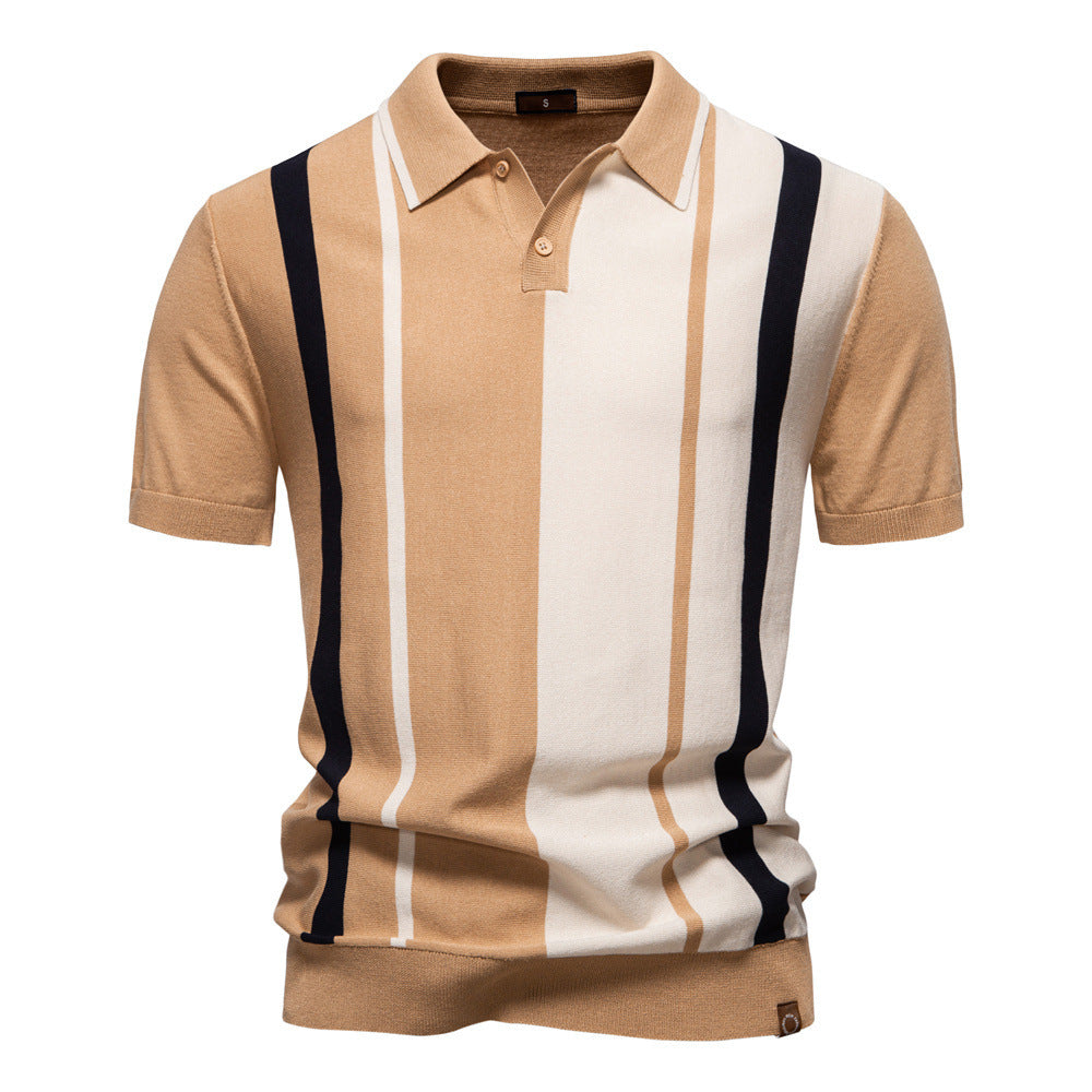 Herren nan retro-inspiriertes Strickpolo mit vertikaler Intarsienstruktur und offenem Kentkragen
