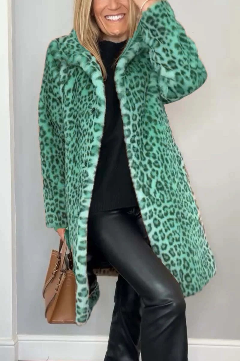 Mantel - Kunstpelz - Oversized Fit - Reverskragen - Leopardenprint