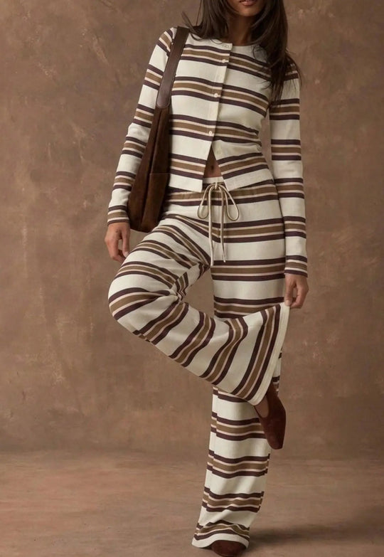 Damen Gestreiftes Strick-Lounge-Set mit tailliertem Knopfcardigan und weitem Palazzohose Shop Nory