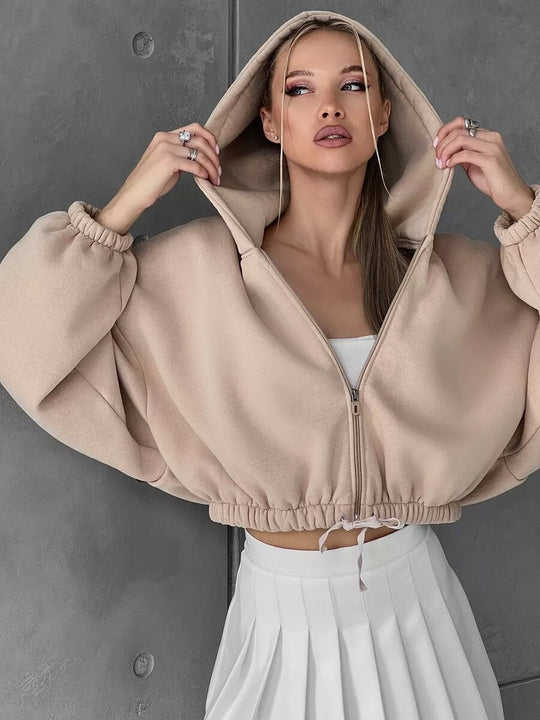 Damen Sportlicher Cropped Hoodie mit Reißverschluss und Kordelzug