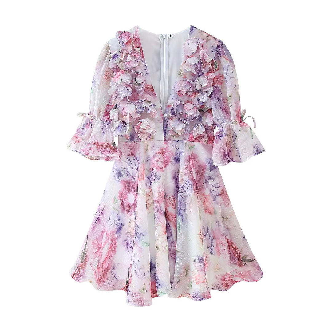 Damen Romantisches Plissiertes Chiffon-Minikleid mit tiefem V-Ausschnitt und Volant-Puffärmeln Shop Nory